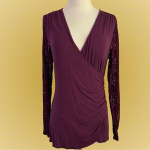 VENUS Long Lace Sleeve Wrap Style Knit Top Women’s M Dark Plum